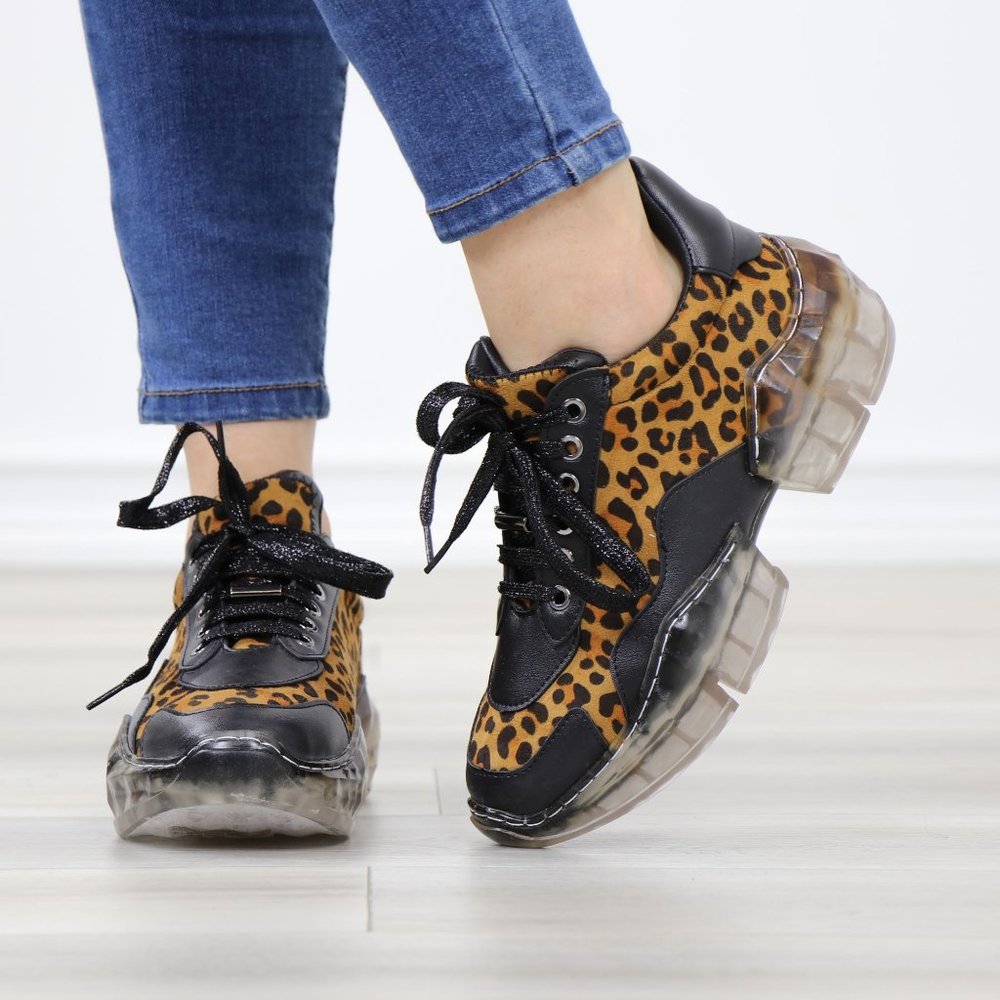 Animal Leopard Print Women's Fashion Chunky Heel Sneakers Shoes - Picture 10 of 15